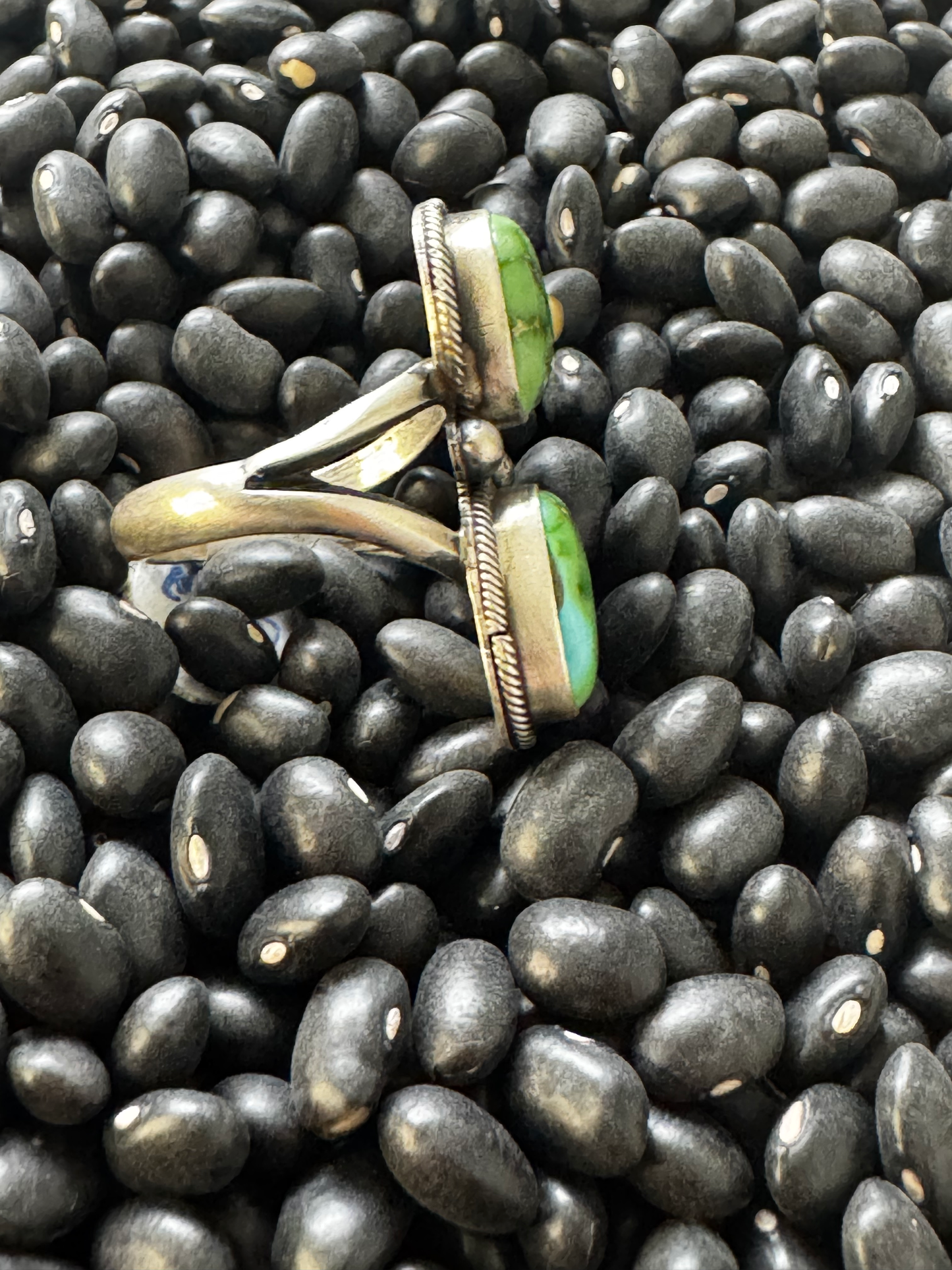Double Stone Ring - Sonoran Gold Turquoise - Sterling Silver - Native Handmade - L Ramon (artist) - Size 8.75