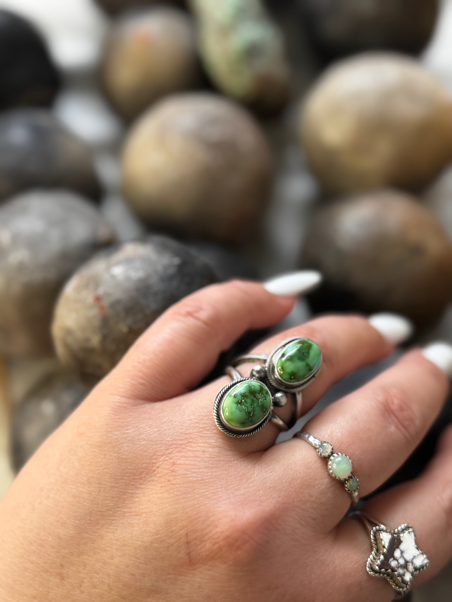 Double Stone Ring - Sonoran Gold Turquoise - Sterling Silver - Native Handmade - L Ramon (artist) - Size 8.75