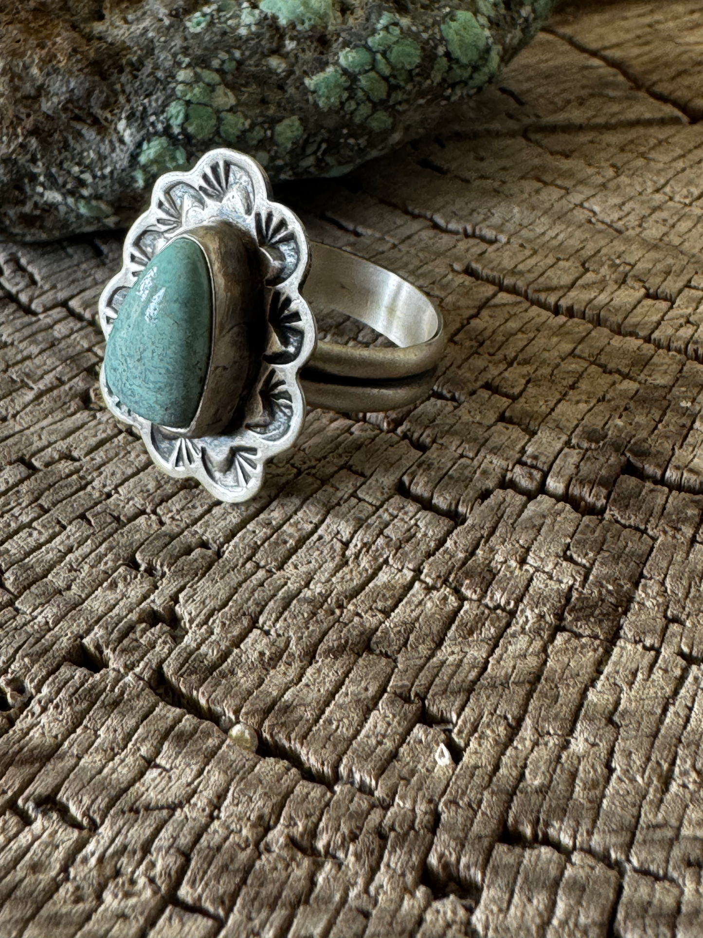 Teardrop Ring - Nevada Turquoise - Sterling Silver - Native Handmade - M&R Calladito (artist) - Size Adjustable