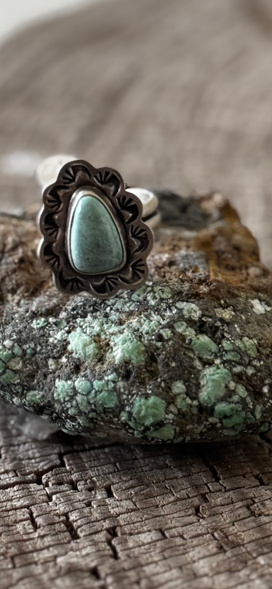 Teardrop Ring - Nevada Turquoise - Sterling Silver - Native Handmade - M&R Calladito (artist) - Size Adjustable