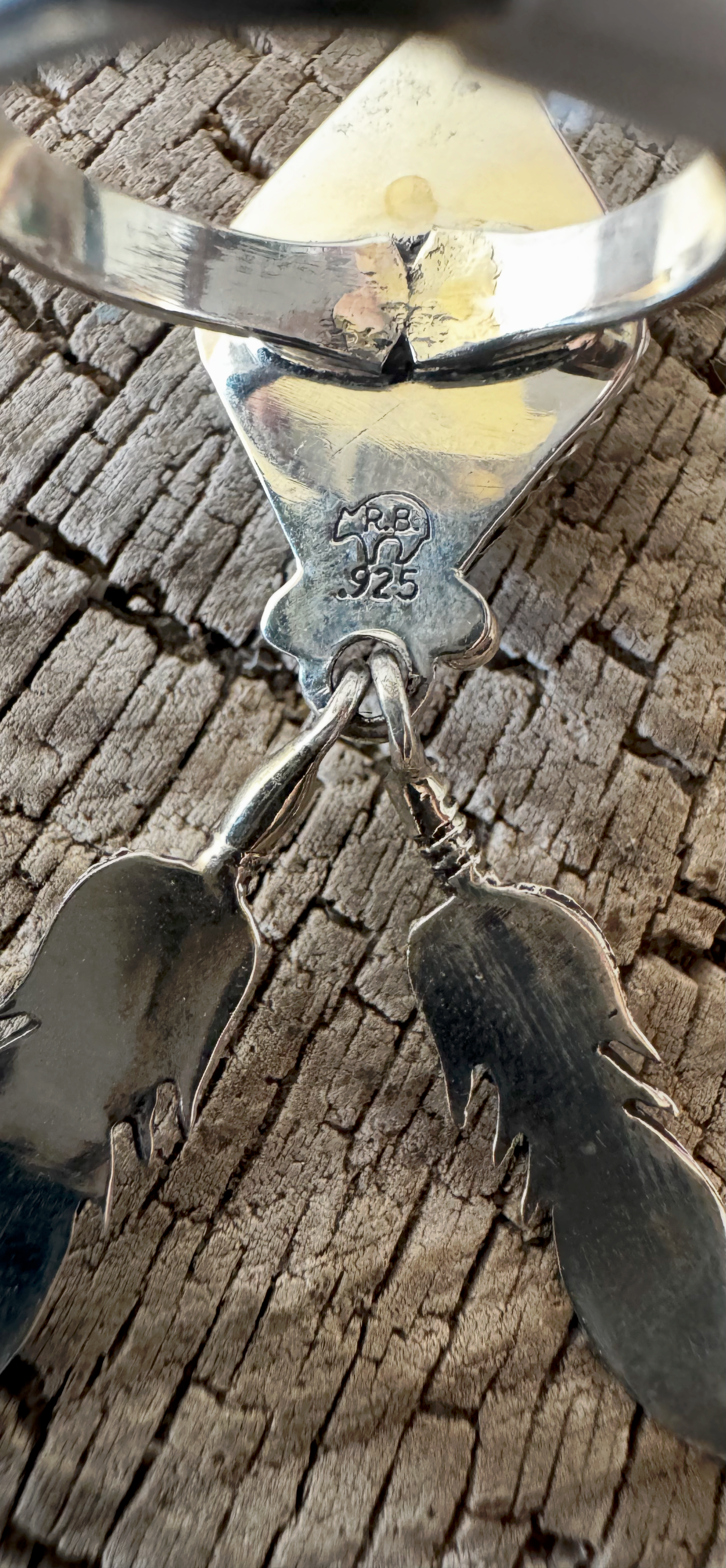 Dangling Feather Ring - White Buffalo - Sterling Silver - Native Handmade - Jerome Lee (artist) - Size 6.25