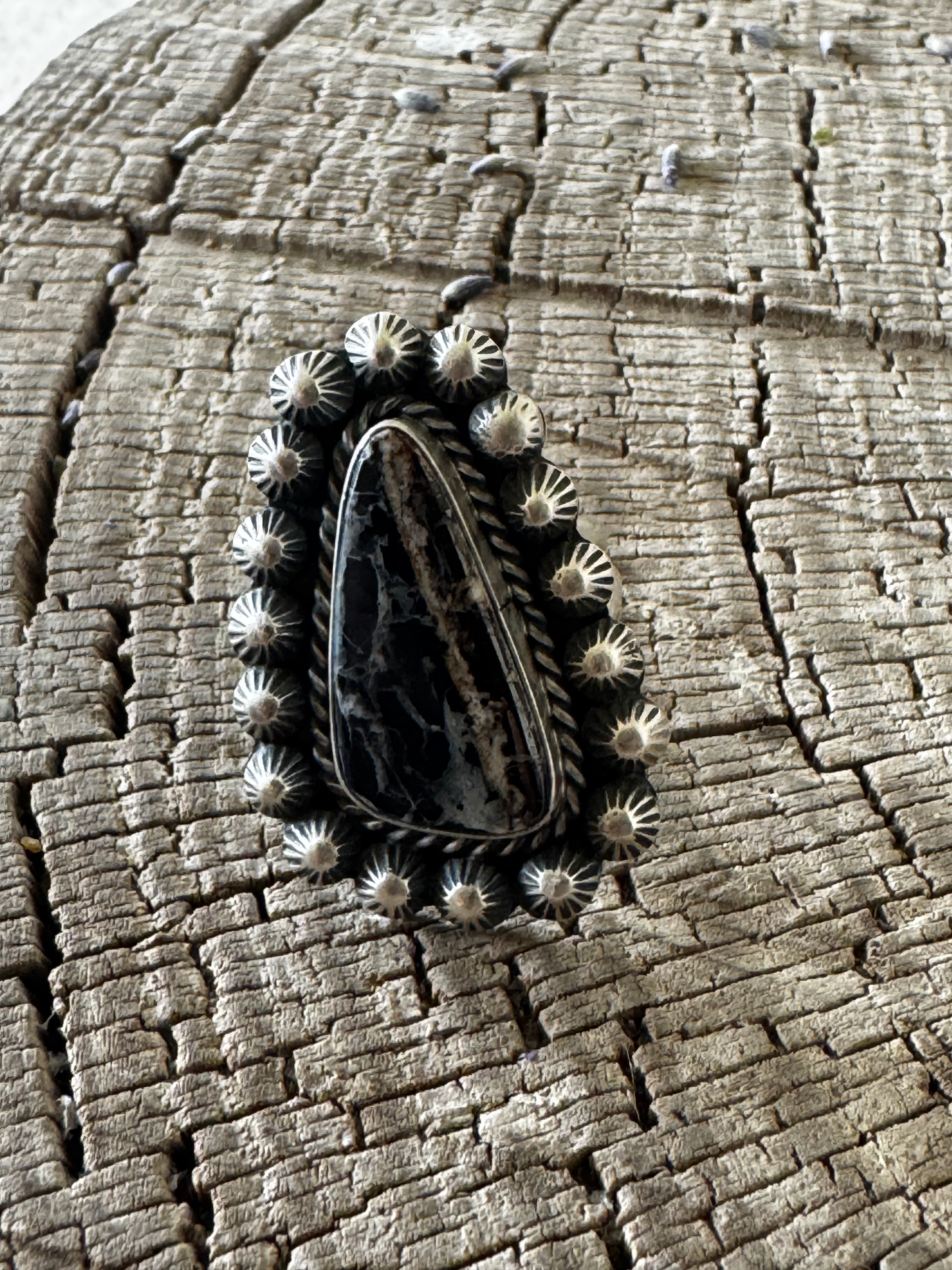 Tear Drop Ring - White Buffalo - Sterling Silver - Native Handmade - Dan Henio (artist) - Size Adjustable