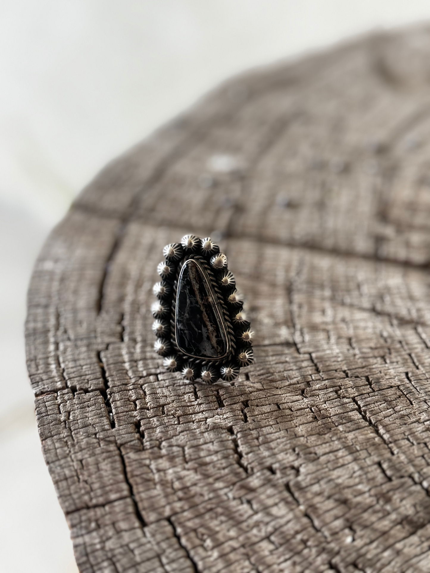 Tear Drop Ring - White Buffalo - Sterling Silver - Native Handmade - Dan Henio (artist) - Size Adjustable