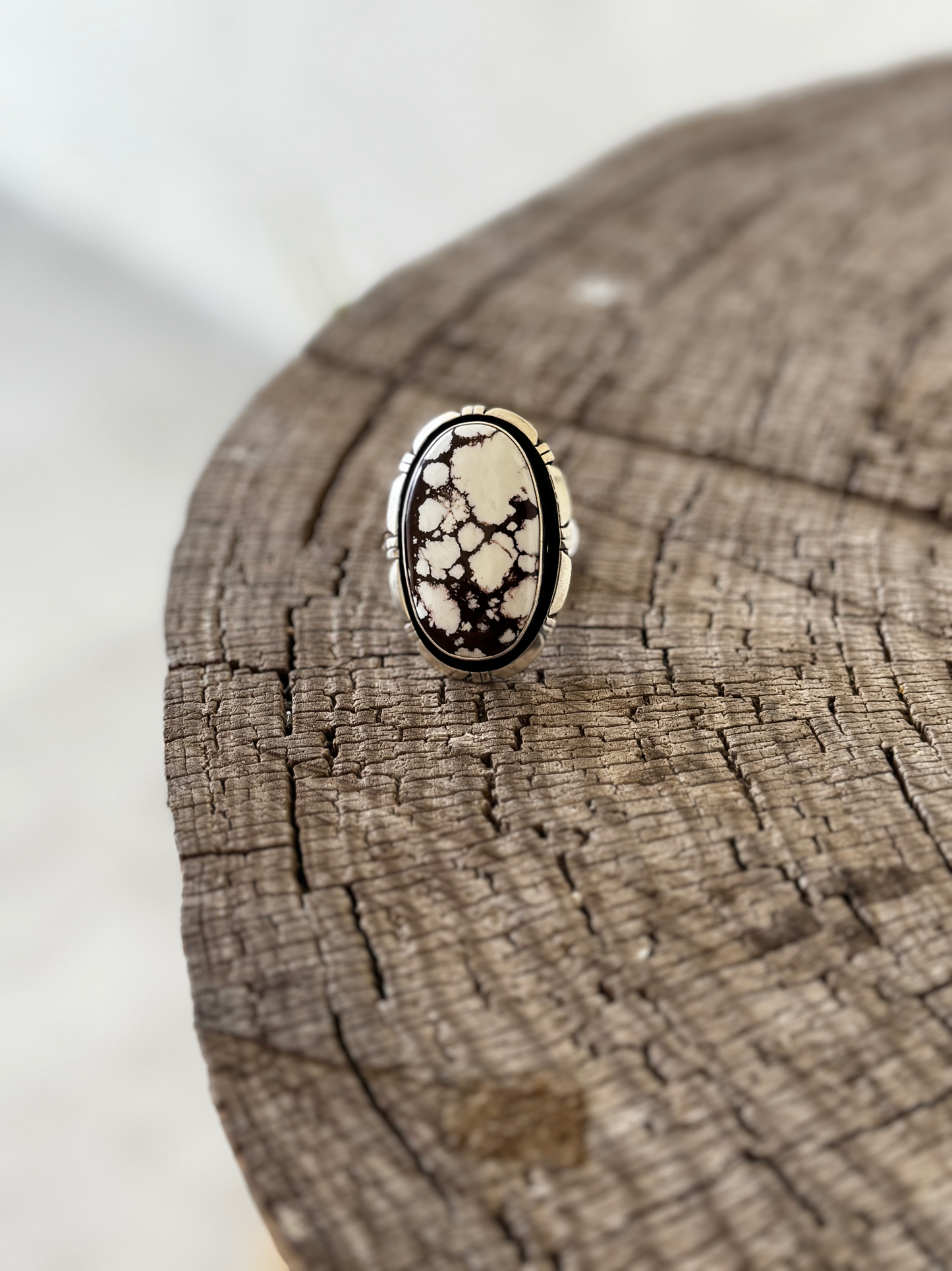 Oval Ring - White Horse - Sterling Silver - Native Handmade - AM (artist) - Size 9.75