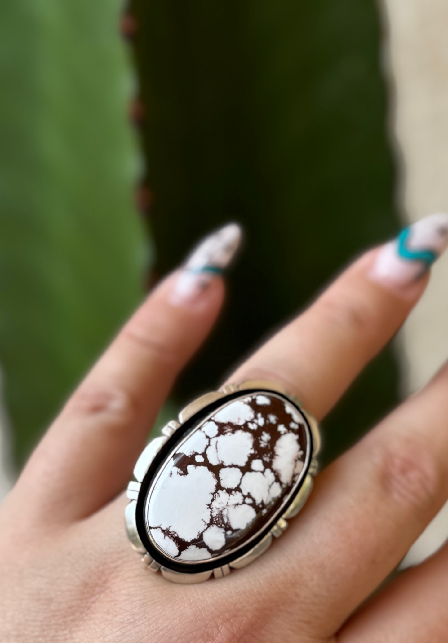 Oval Ring - White Horse - Sterling Silver - Native Handmade - AM (artist) - Size 9.75