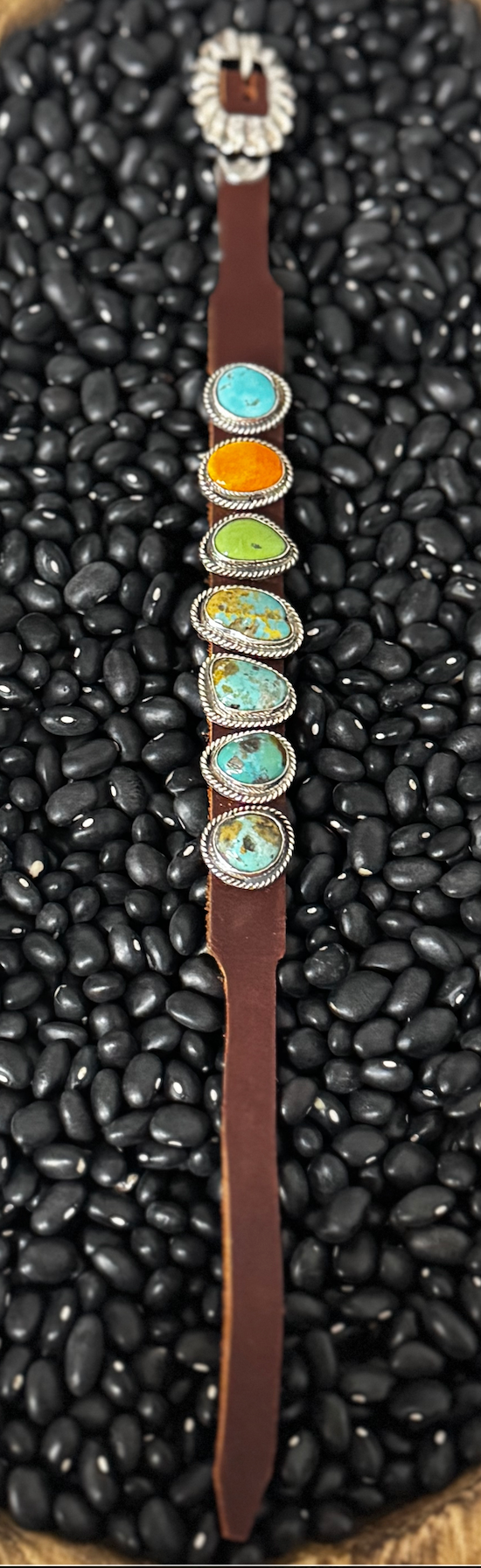 Leather Multi Stone Bracelet - Turquoise and Spiny Oyster - Sterling Silver - Dan Morgan (artist)
