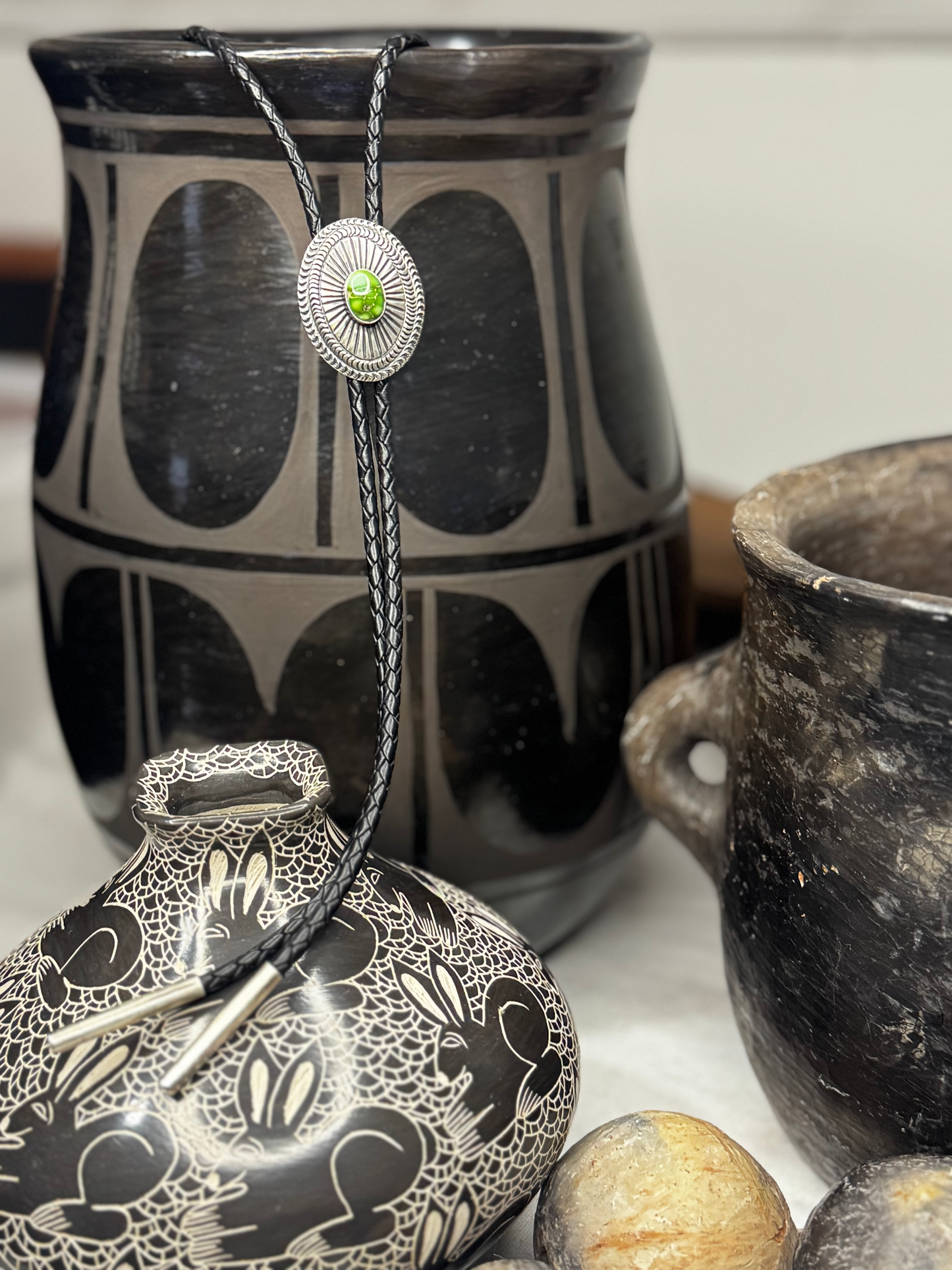 Bolo Tie with Stone Concho - Sonoran Turquoise - Sterling Silver - Leather - Native Handmade - Sharon Francisco (artist)
