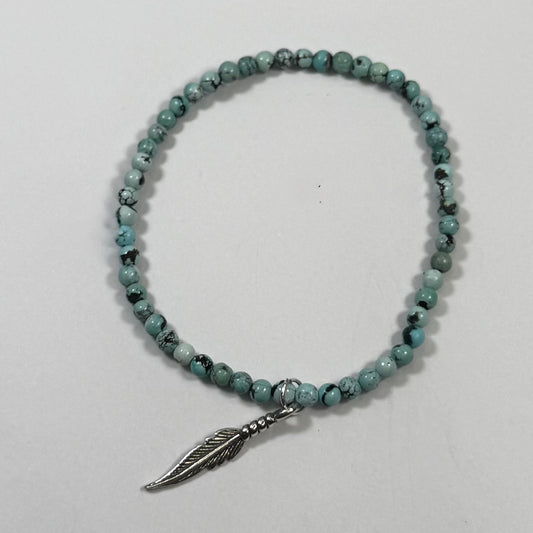 Mini Turquoise Bead Stretch Bracelet with Feather Charm