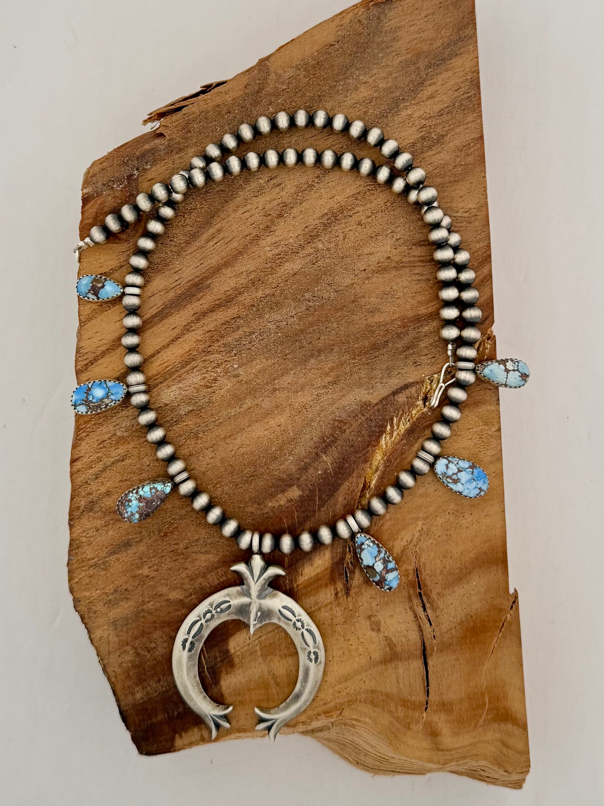 Letricia Largo Mini Golden Hills Turquoise Squash Blossom Necklace- Native Handmade-Length 18"- 5mm pearls