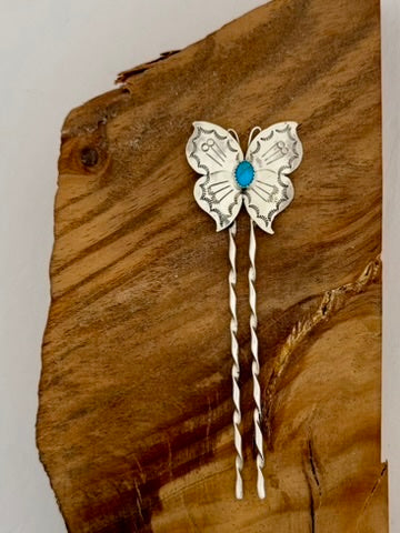 Sterling Silver Butterfly Hair Pin with Kingman Turquoise Native Handmade by Jeffrey Castillo