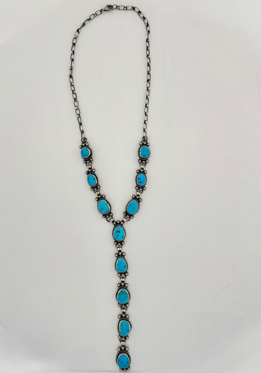 Lone Mountain Turquoise Lariat Necklace Native Handmade by Jackson Hoskie - Length 19", Lariat Drop 5.5"