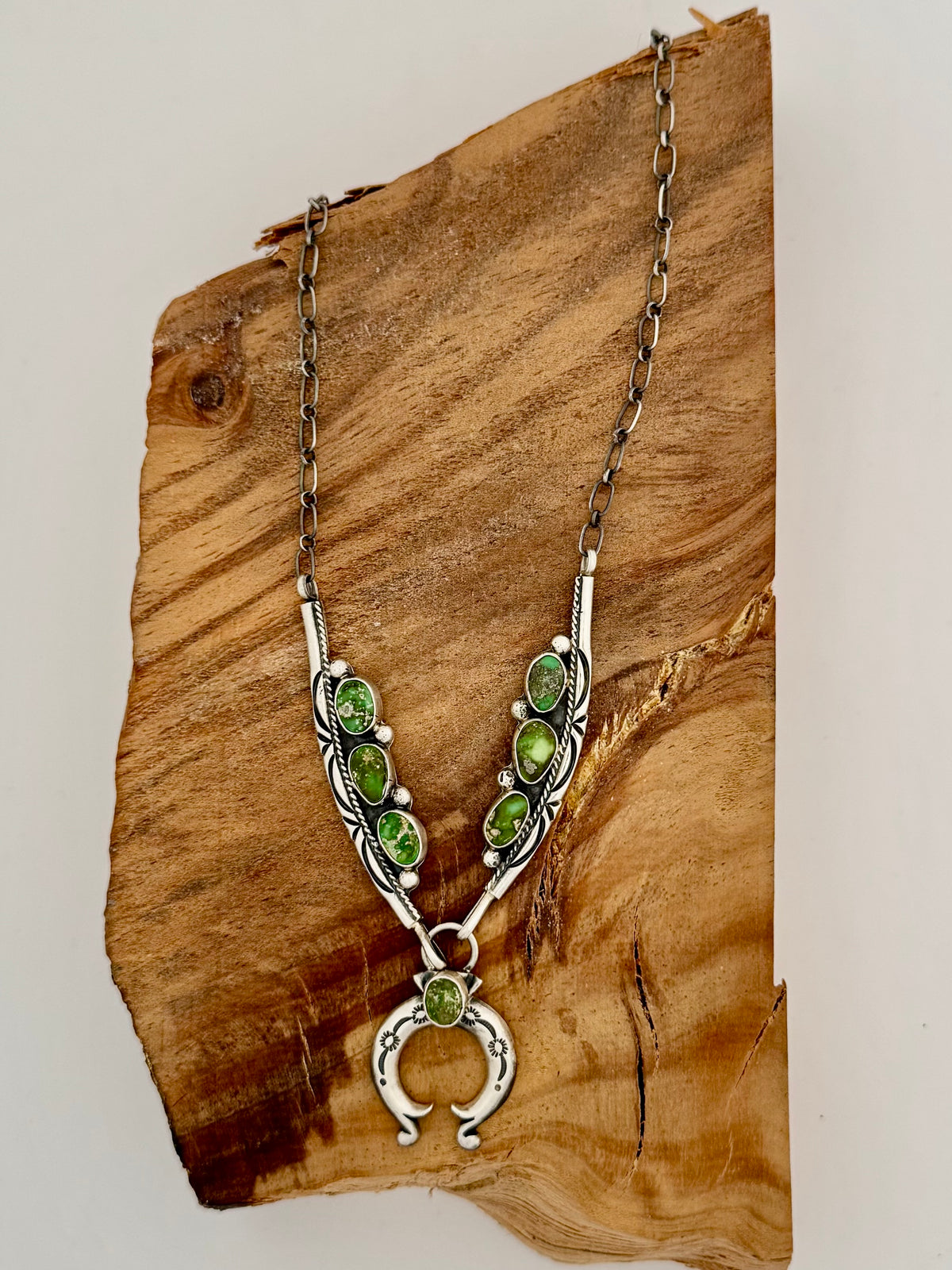 Tom Lewis Sonoran Turquoise Mini Squash Blossom Necklace-Native Handmade-Length 19"