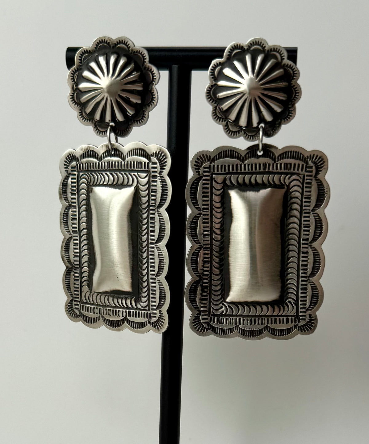 Leander Tahe Rectangle Dangle Sterling Silver Earrings Native Handmade