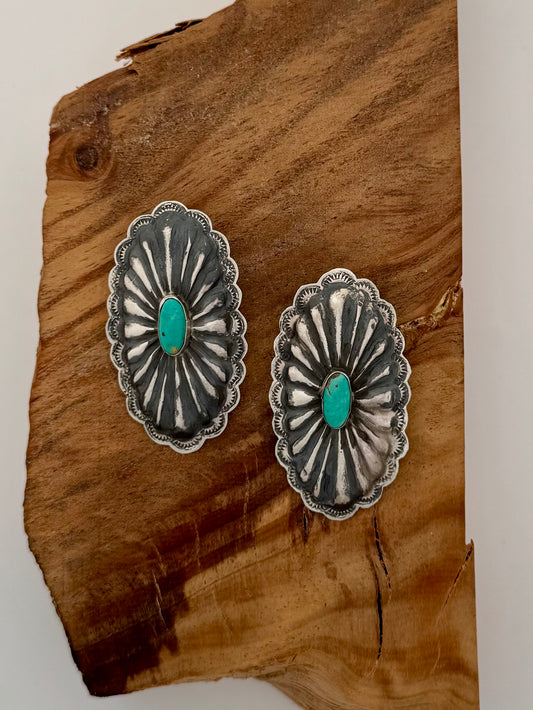 Rita Lee Concho w/Turquoise Sterling Silver Earrings - Native Handmade -Length 2.5" X 1.4"