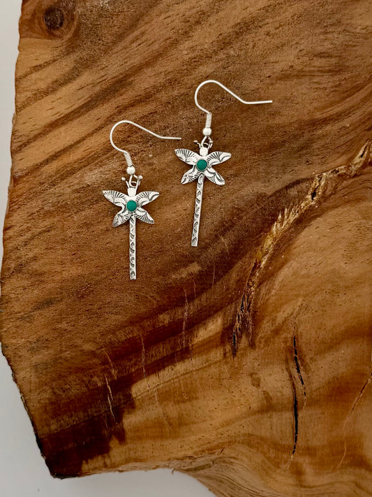 Lyle Piasso DragonFly Dangles w/Turquoise -Sterling Silver Earrings -Native Handmade- Height 30mm x 16mm