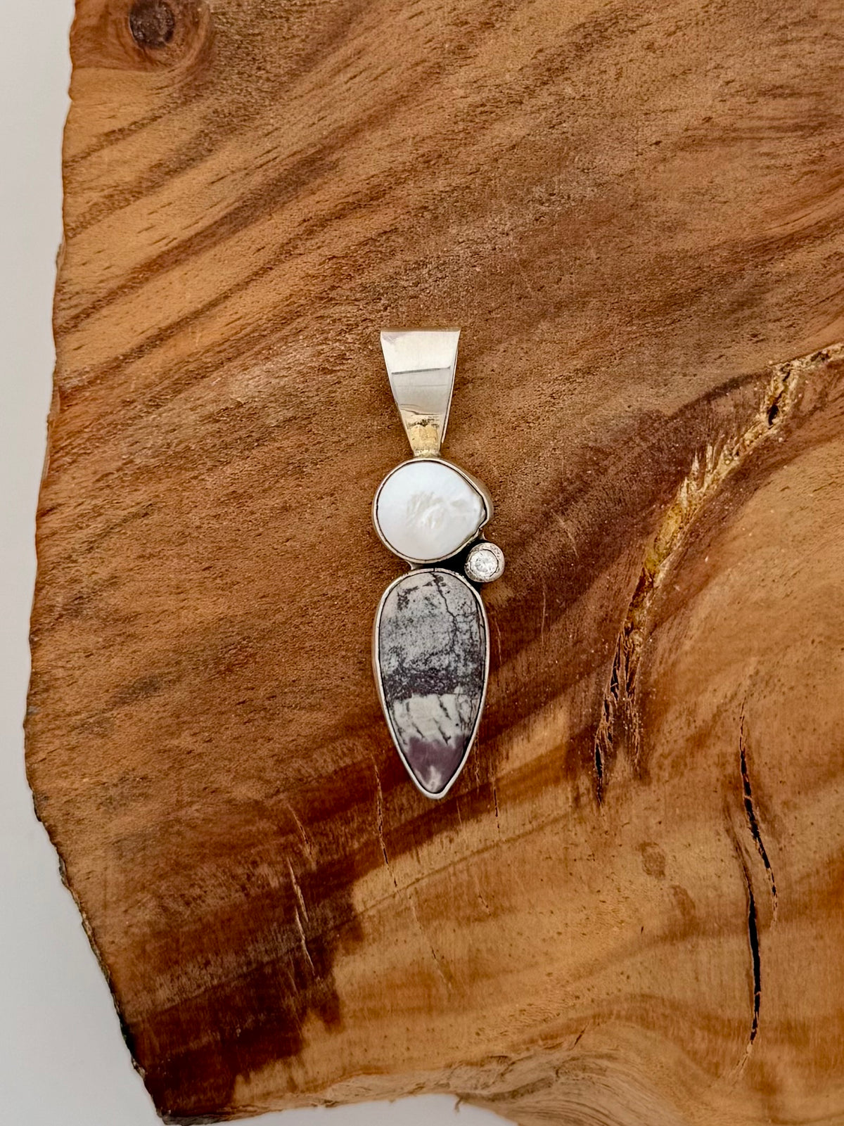 Ella Peter Jasper and Mother of Pearl with Cubic Zirconia Sterling Silver Pendant -Native Handmade -Length 56mm x 16mm