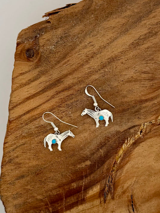 Horse with Turquoise Dangle Earrings Native Handmade