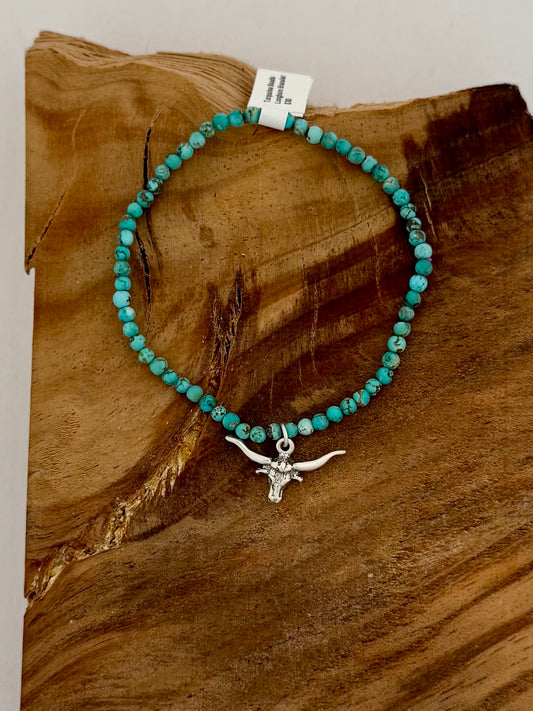 Mini Turquoise Bead Stretch Bracelet with Longhorn Charm