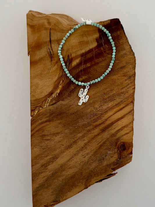 Mini Turquoise Bead Stretch Bracelet with Cactus Charm- 3mm