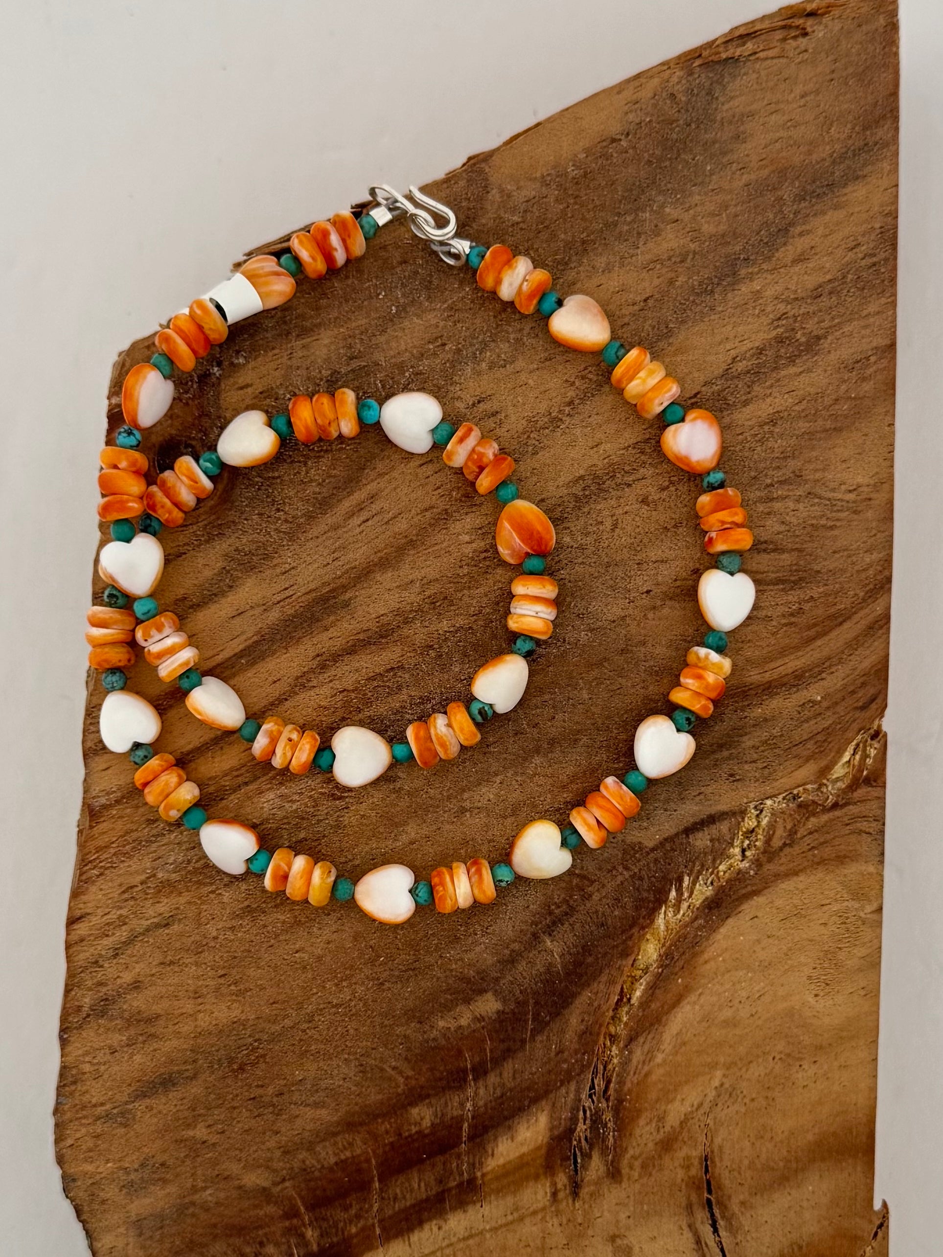Orange Spiny Oyster Bead Heart Necklace -Length 16.5