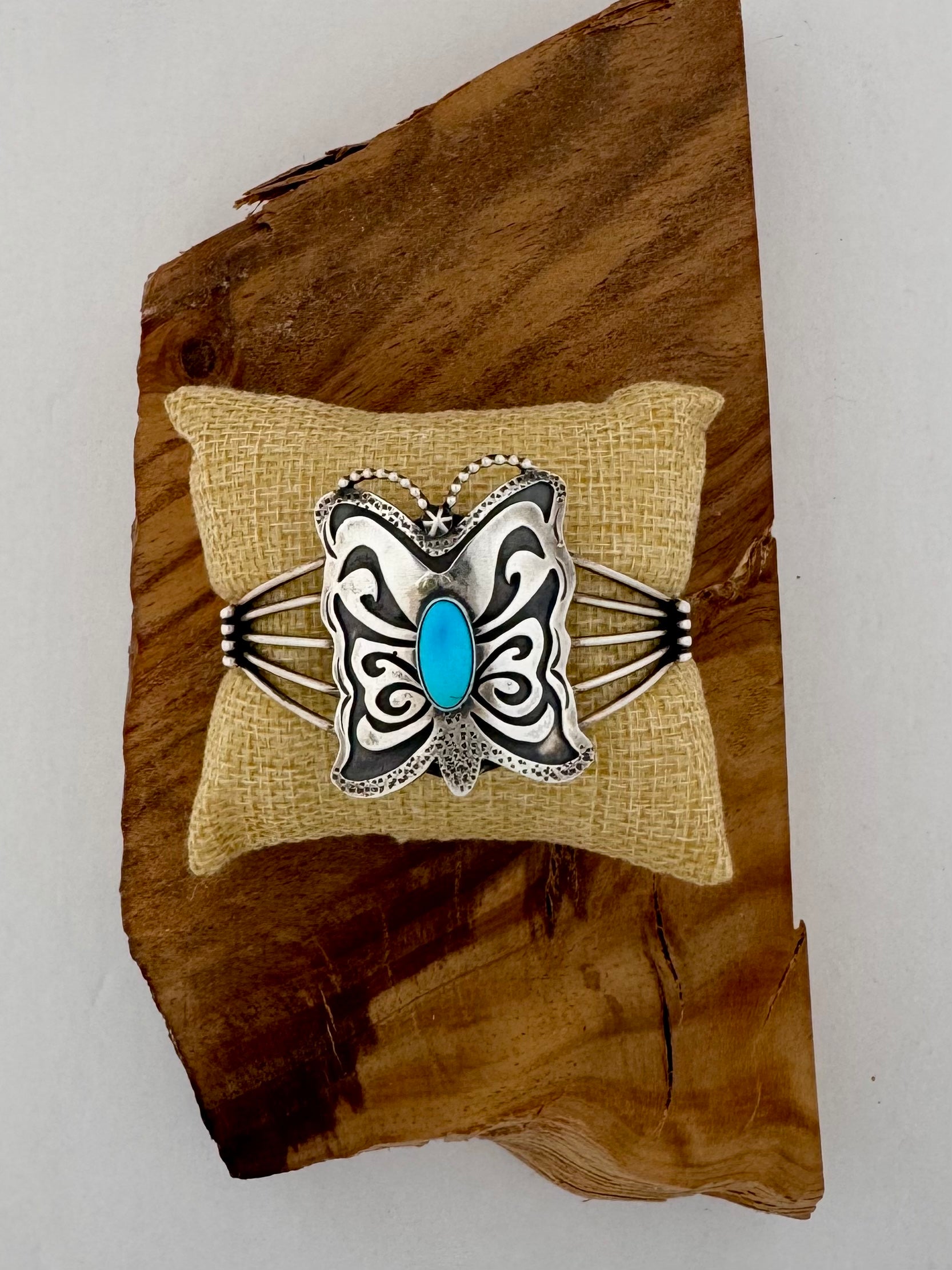 Butterfly Cuff Bracelet with Sleeping Beauty Turquoise- Artist- Mel Benally -Size 7"/ opening- Sterling Silver
