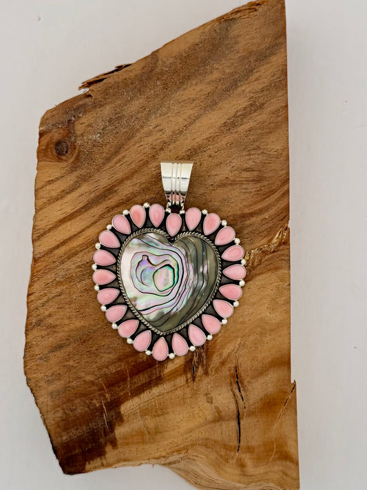Abalone and Pink Conch Heart Pendant - Artist- E.M. Linkin- Sterling Silver