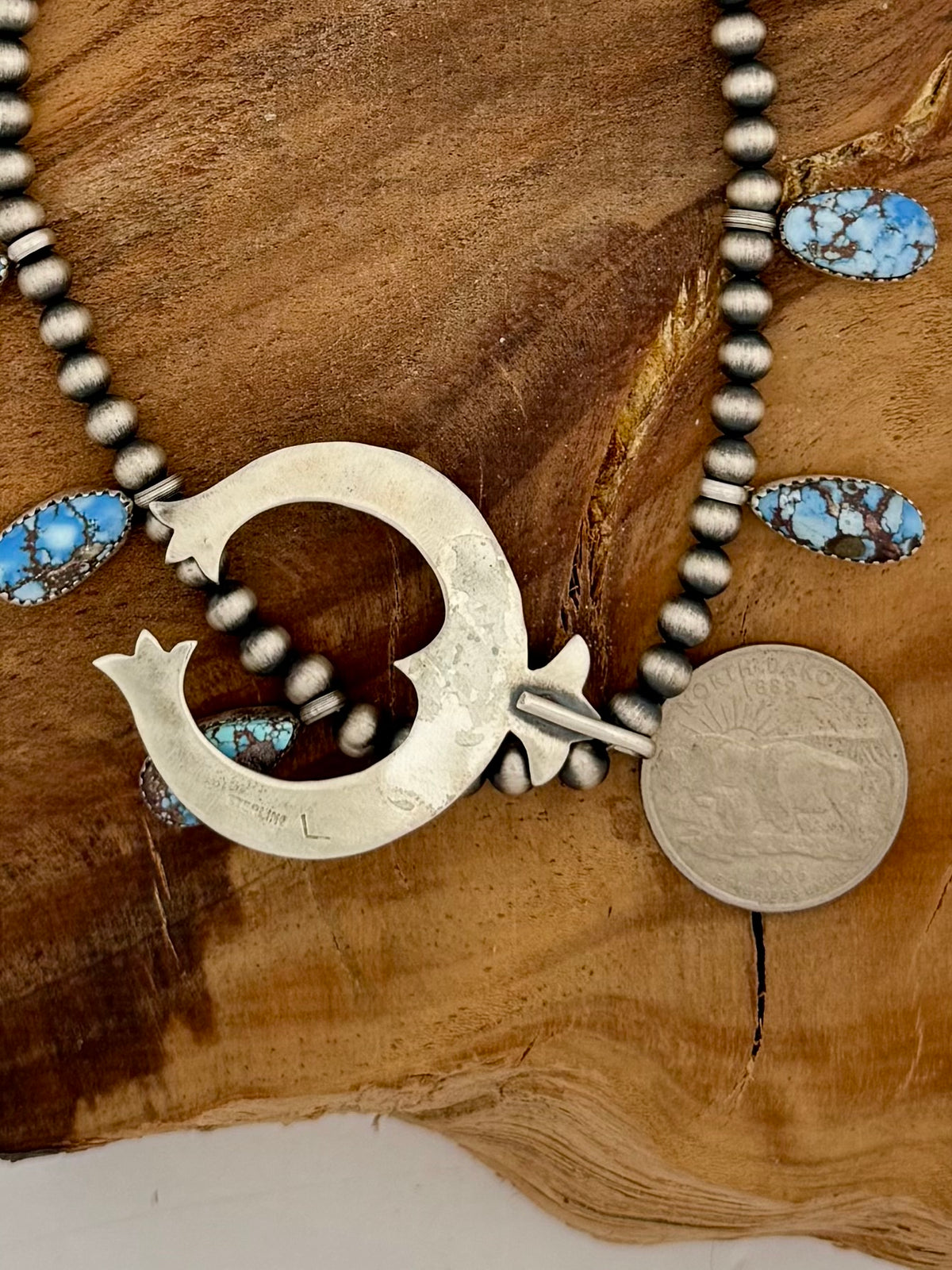 Letricia Largo Mini Golden Hills Turquoise Squash Blossom Necklace- Native Handmade-Length 18"- 5mm pearls