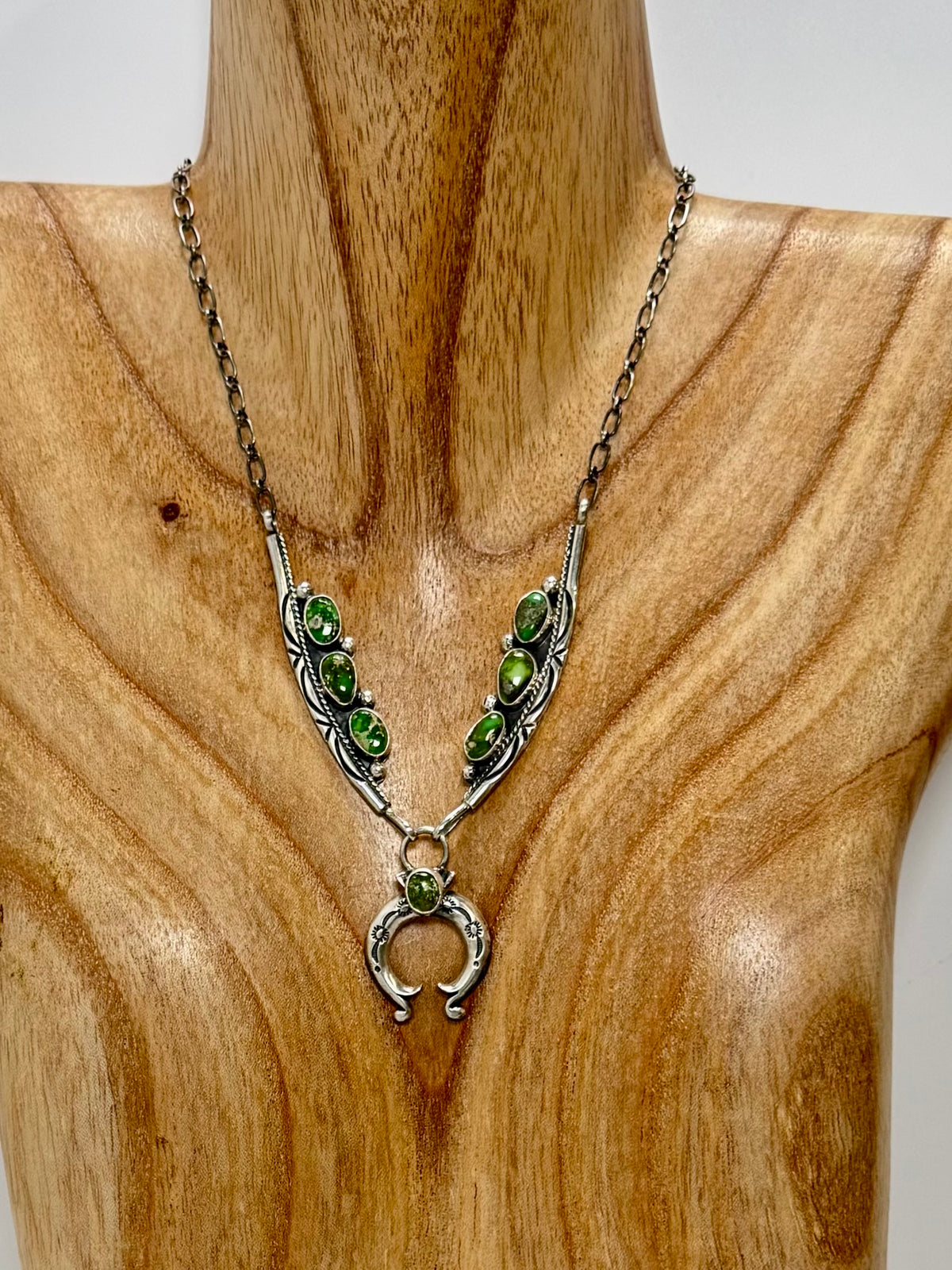 Tom Lewis Sonoran Turquoise Mini Squash Blossom Necklace-Native Handmade-Length 19"