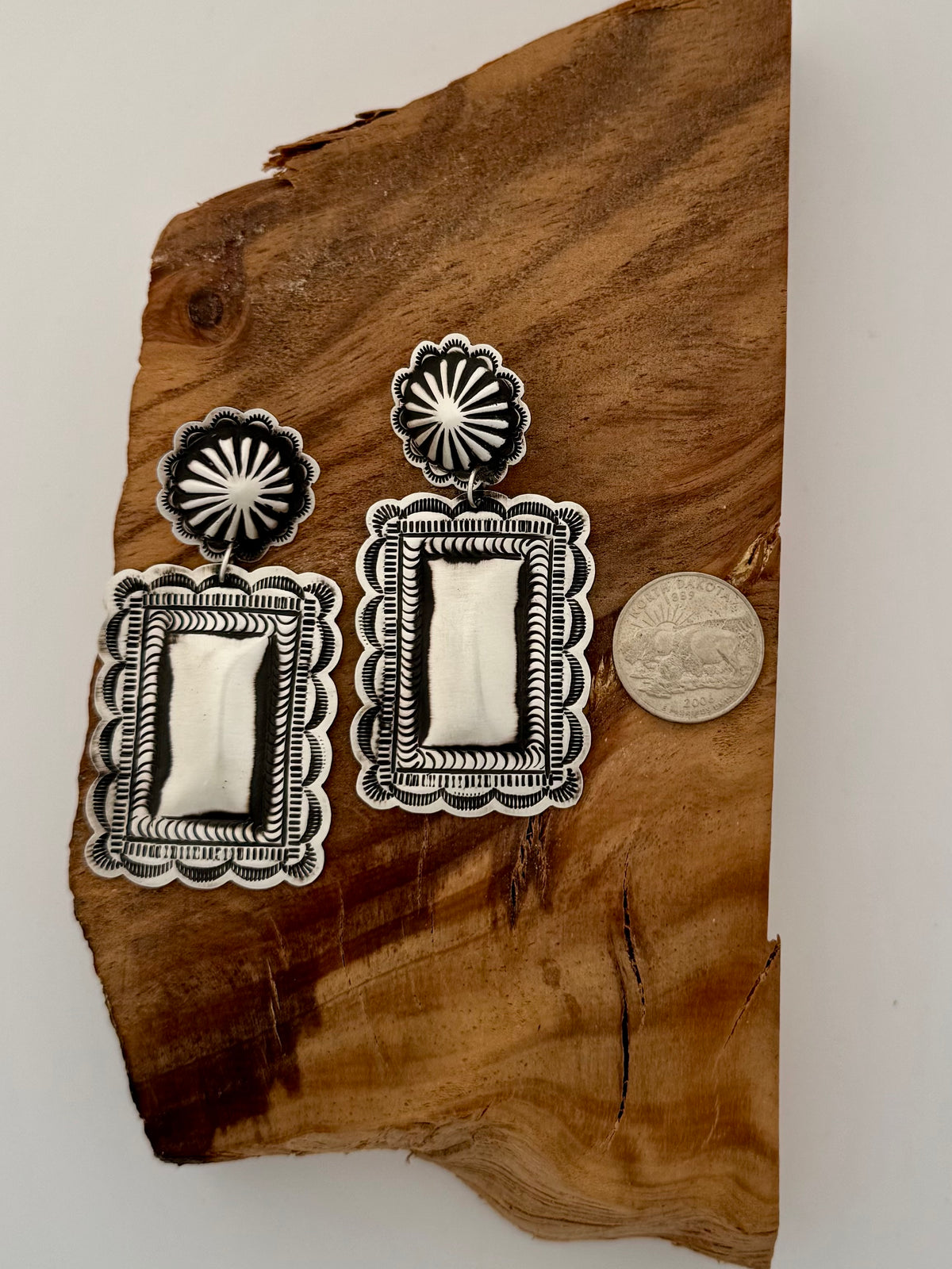 Leander Tahe Rectangle Dangle Sterling Silver Earrings Native Handmade