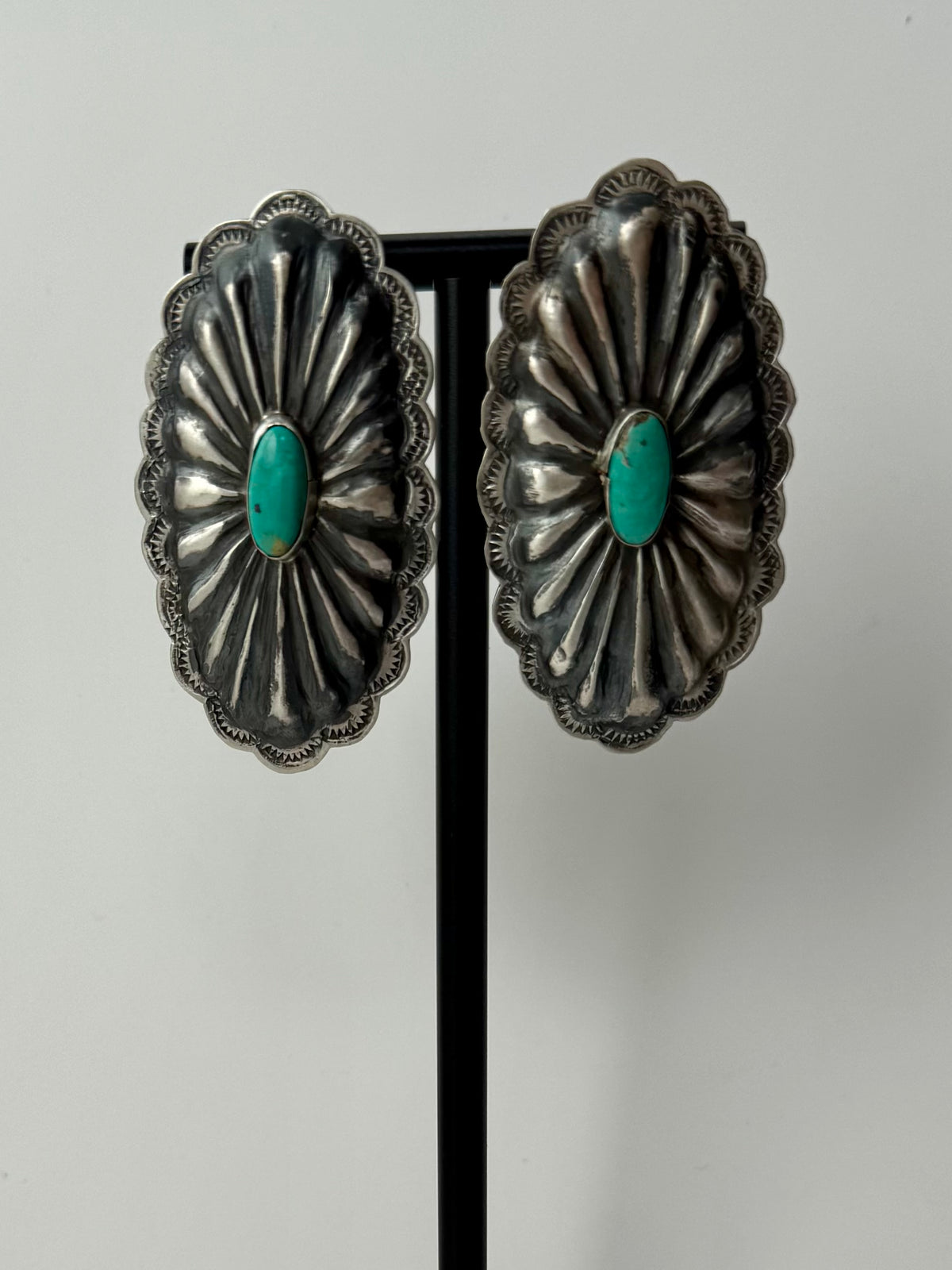 Rita Lee Concho w/Turquoise Sterling Silver Earrings - Native Handmade -Length 2.5" X 1.4"