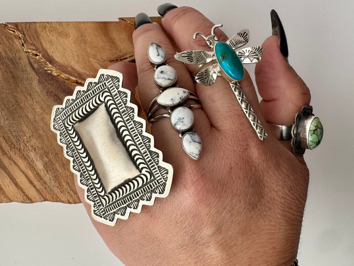 Leander Tahe Rectangle Sterling Silver Ring Native Handmade Size 8/Adj