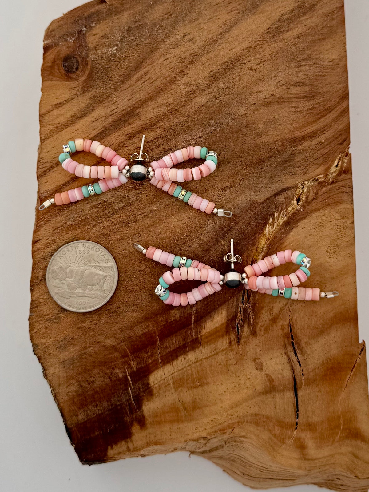 Pink Conch Bead Earrings w/ Turquoise, Oxybead, Cubic Zirconia
