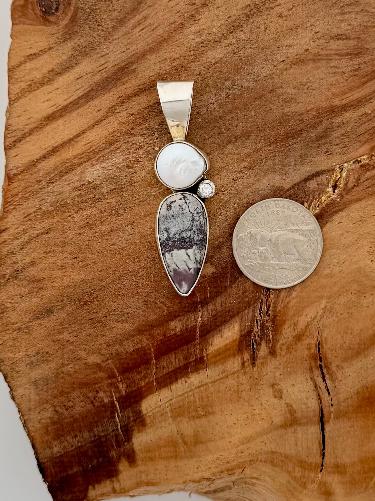 Ella Peter Jasper and Mother of Pearl with Cubic Zirconia Sterling Silver Pendant -Native Handmade -Length 56mm x 16mm