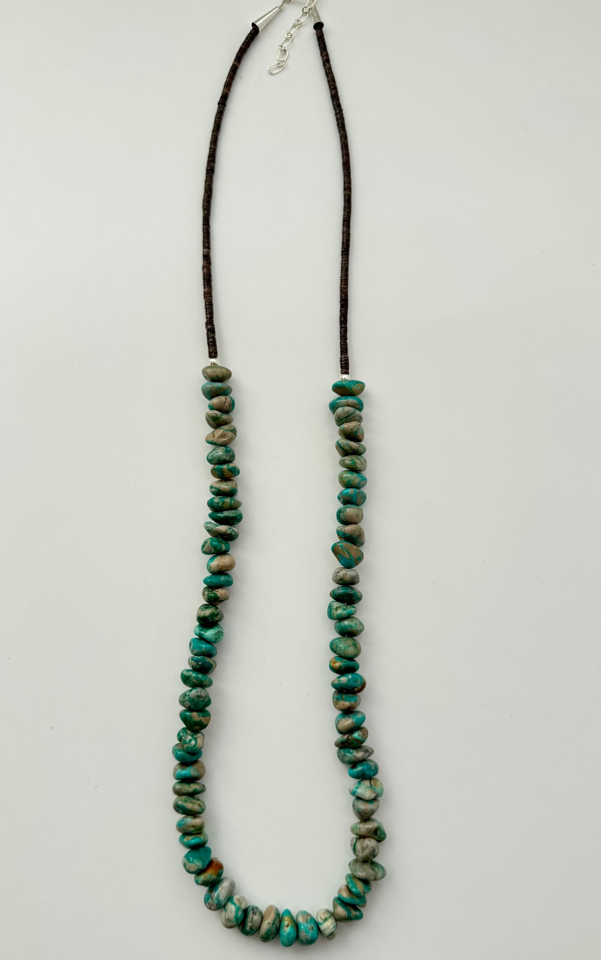 Olive Shell w/Chunky Fox Turquoise Bead Necklace Length 29.5" to 31.5"