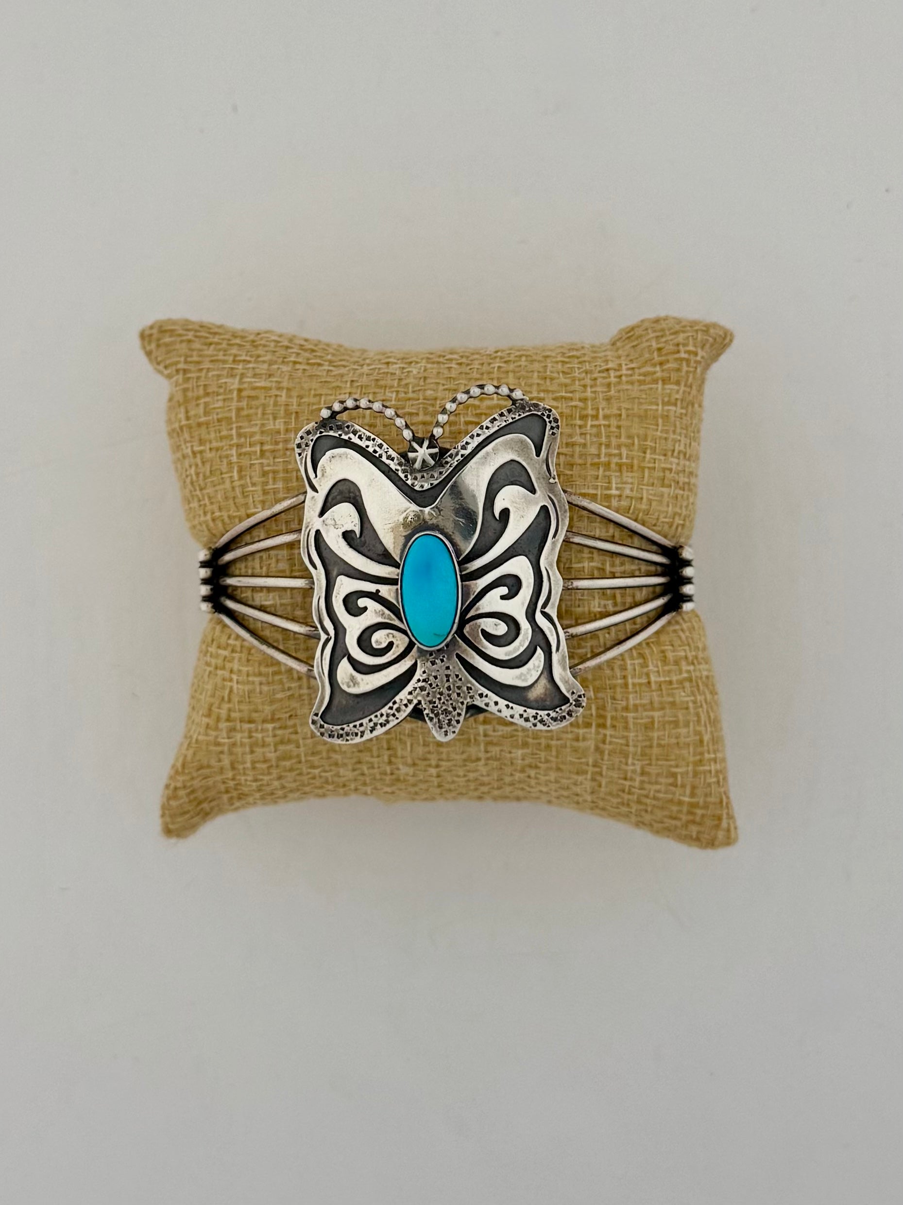 Butterfly Cuff Bracelet with Sleeping Beauty Turquoise- Artist- Mel Benally -Size 7"/ opening- Sterling Silver