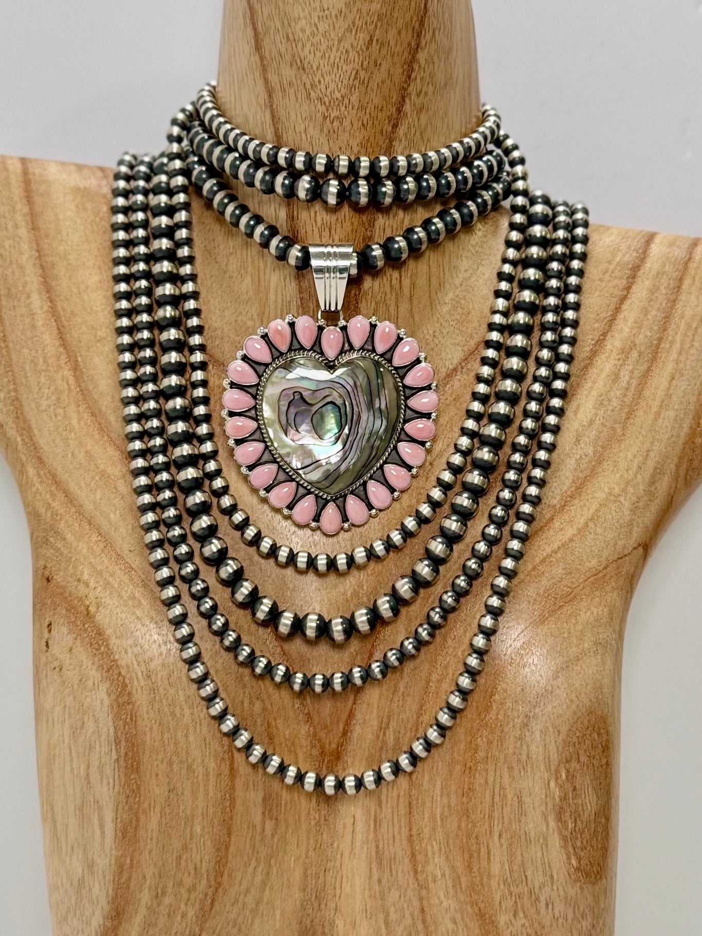 Abalone and Pink Conch Heart Pendant - Artist- E.M. Linkin- Sterling Silver
