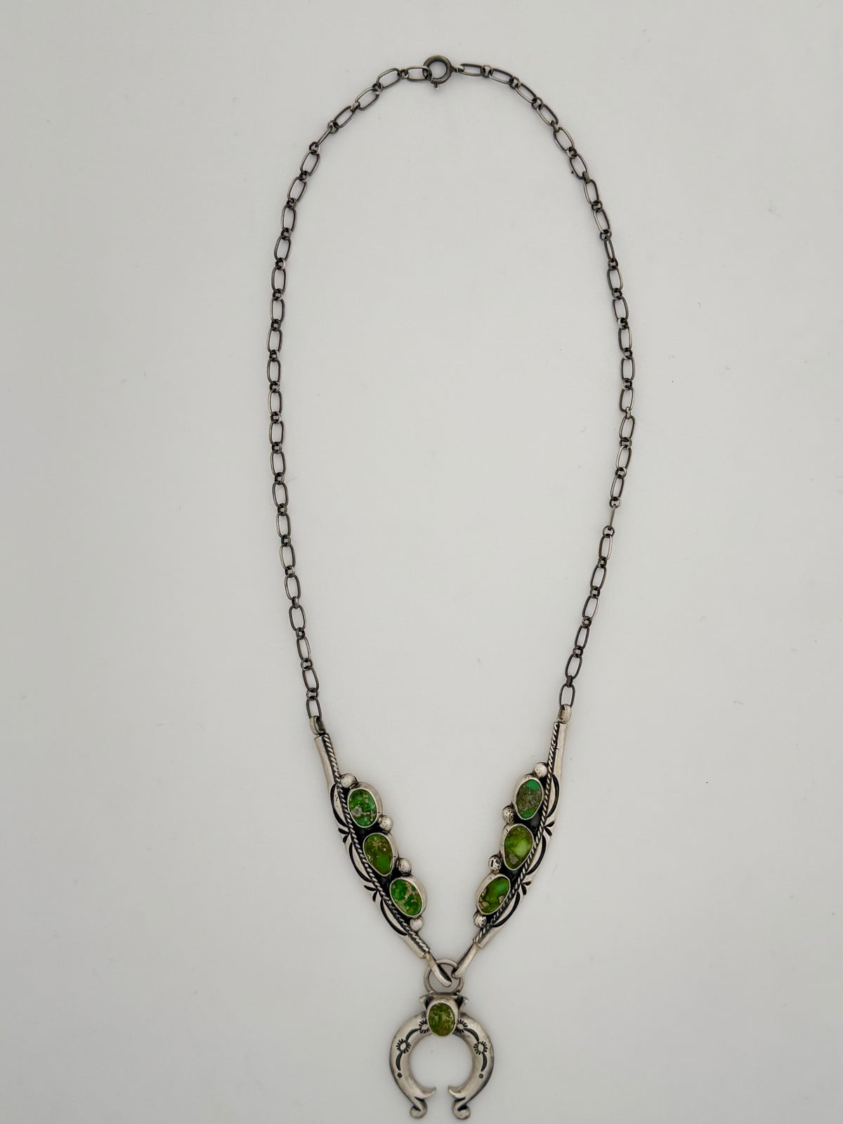 Tom Lewis Sonoran Turquoise Mini Squash Blossom Necklace-Native Handmade-Length 19"