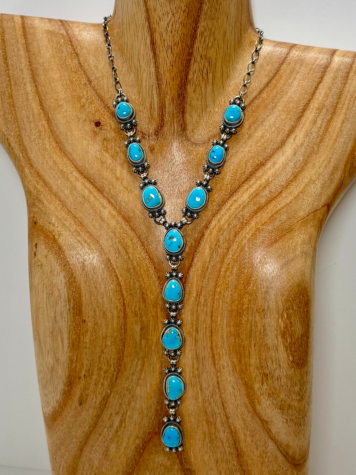 Lone Mountain Turquoise Lariat Necklace Native Handmade by Jackson Hoskie - Length 19", Lariat Drop 5.5"