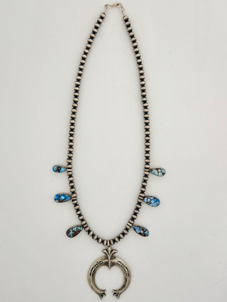 Letricia Largo Mini Golden Hills Turquoise Squash Blossom Necklace- Native Handmade-Length 18"- 5mm pearls