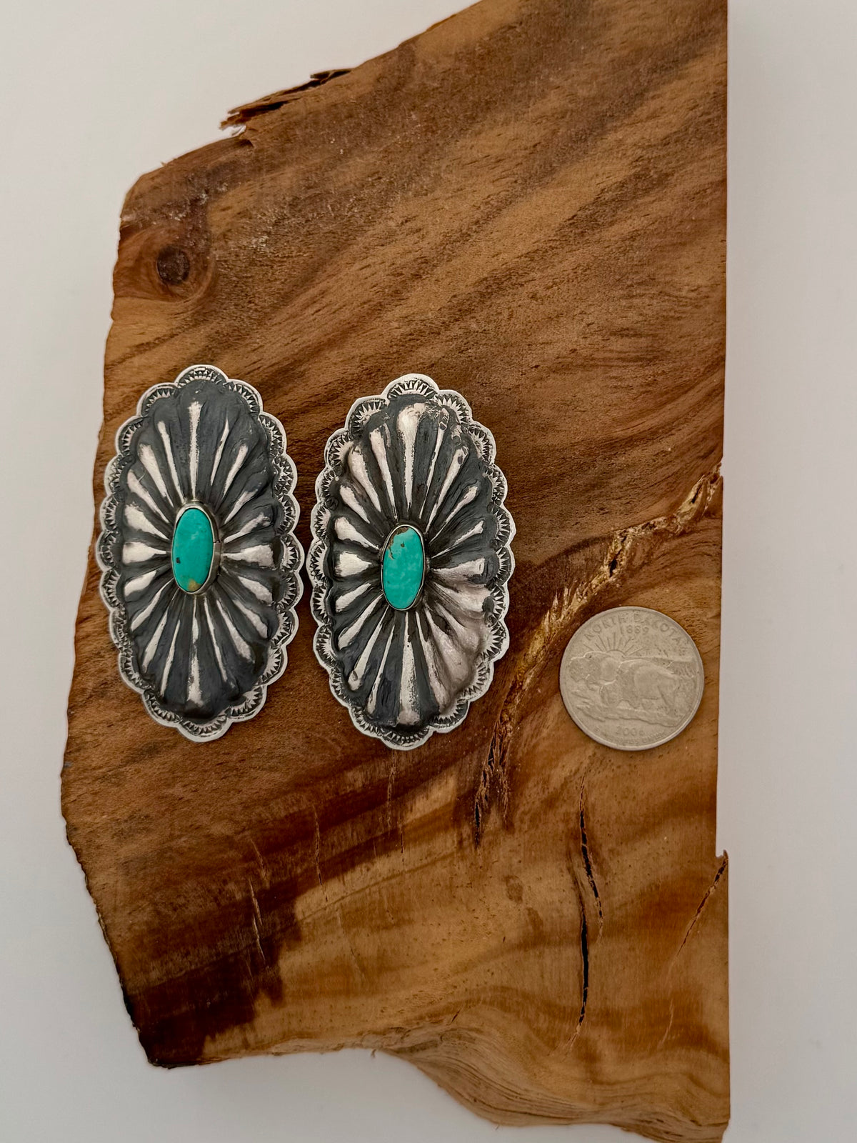 Rita Lee Concho w/Turquoise Sterling Silver Earrings - Native Handmade -Length 2.5" X 1.4"