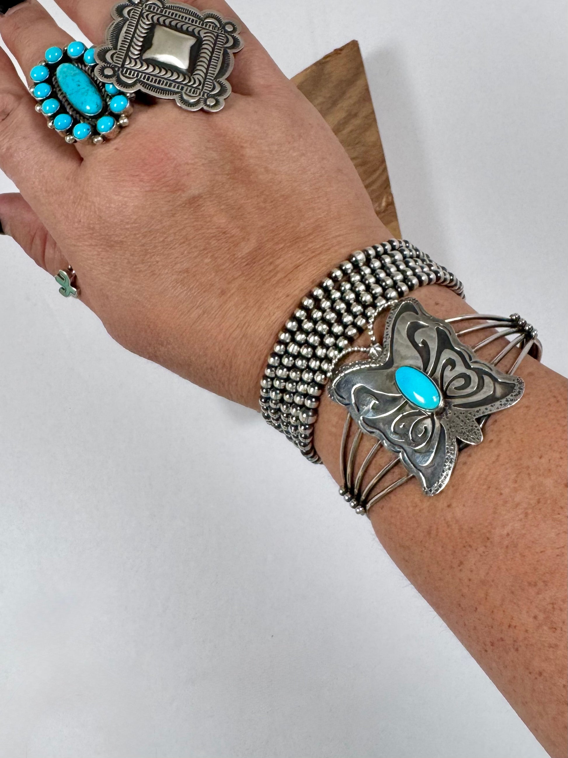 Butterfly Cuff Bracelet with Sleeping Beauty Turquoise- Artist- Mel Benally -Size 7"/ opening- Sterling Silver
