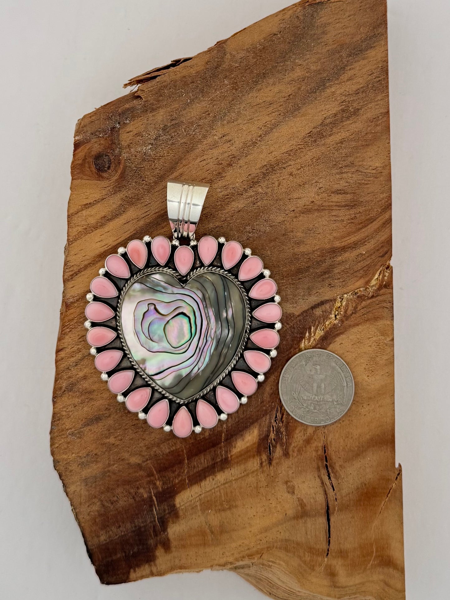 Abalone and Pink Conch Heart Pendant - Artist- E.M. Linkin- Sterling Silver