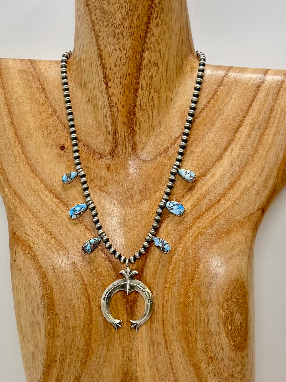Letricia Largo Mini Golden Hills Turquoise Squash Blossom Necklace- Native Handmade-Length 18"- 5mm pearls