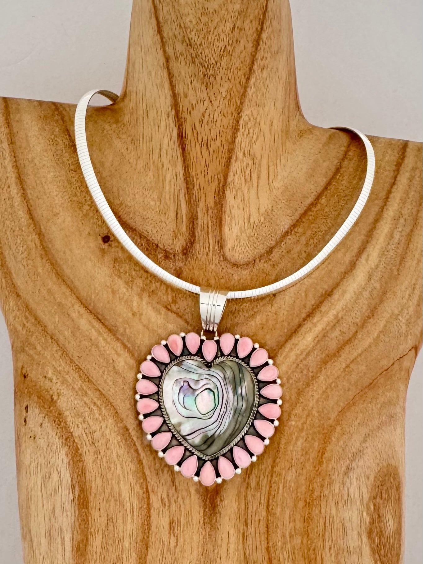 Abalone and Pink Conch Heart Pendant - Artist- E.M. Linkin- Sterling Silver