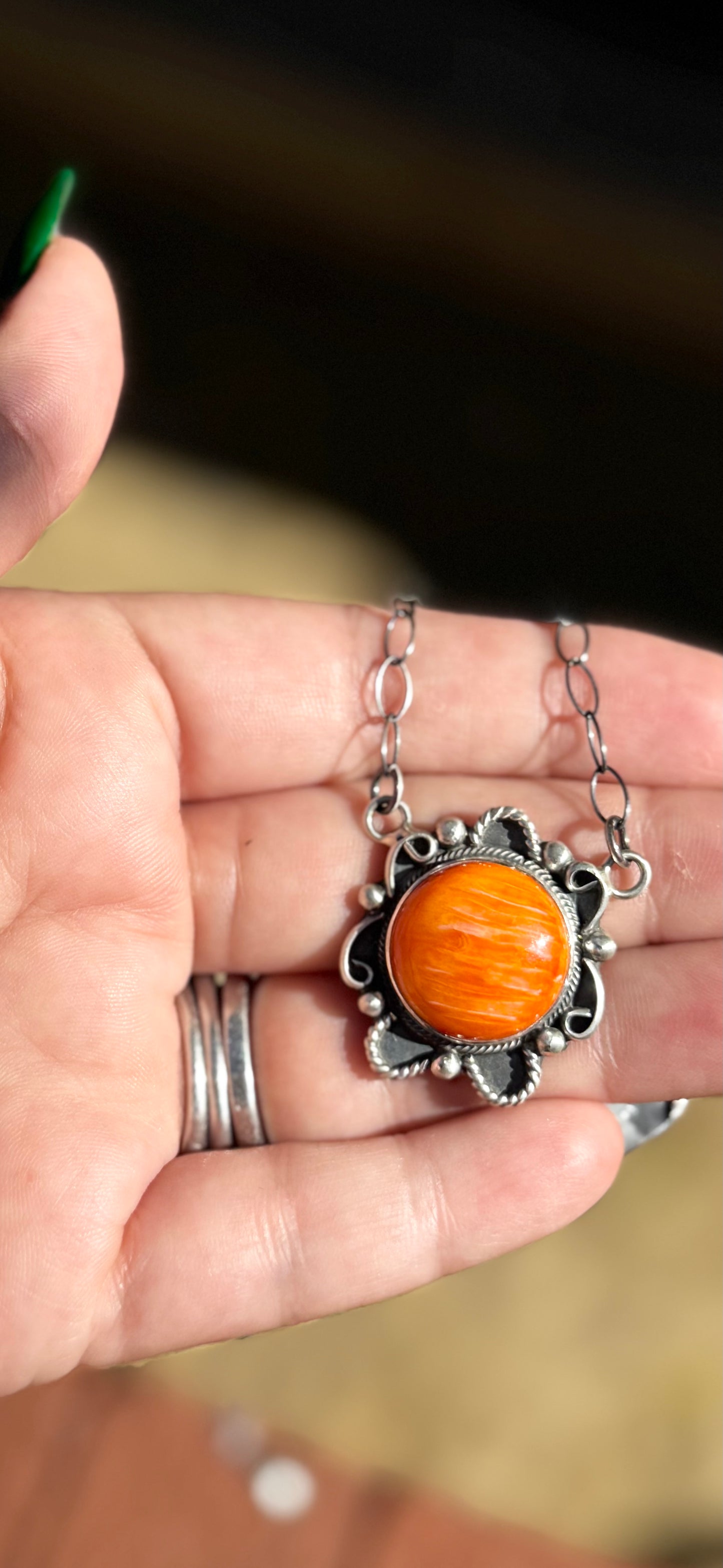 Pendant Necklace with Stone - Orange Spiny Oyster - Sterling Silver - Native Handmade - Jimmy Garcia (artist)
