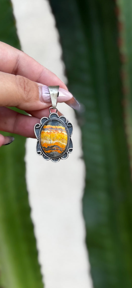 Oval Pendant with Ruffles - Bumblebee Jasper - Sterling Silver - Native Handmade - David Henio (artist)