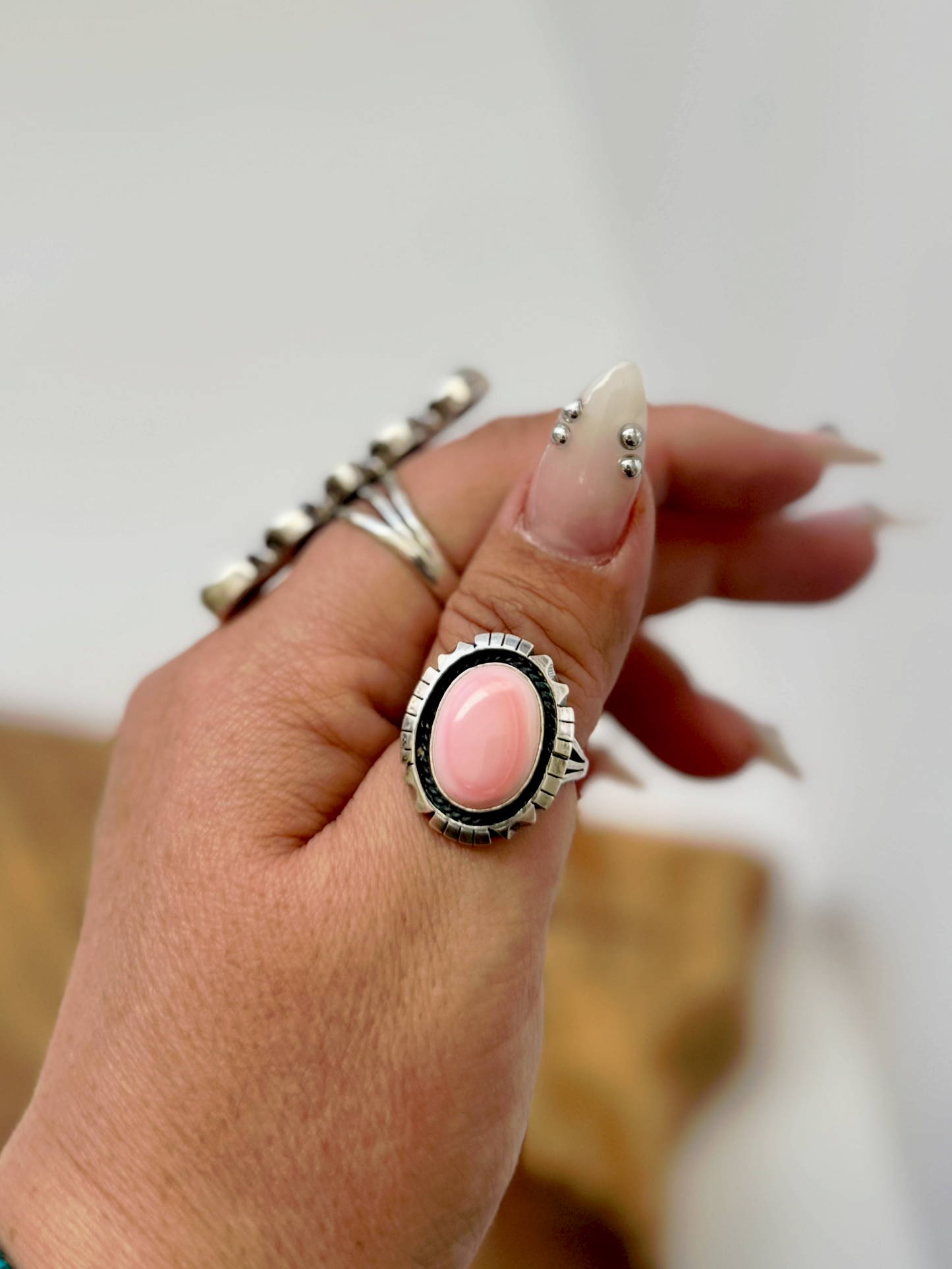Pink Conch Ring - Sterling Silver - Native Handmade - Amos Begay (Artist) - Size 9