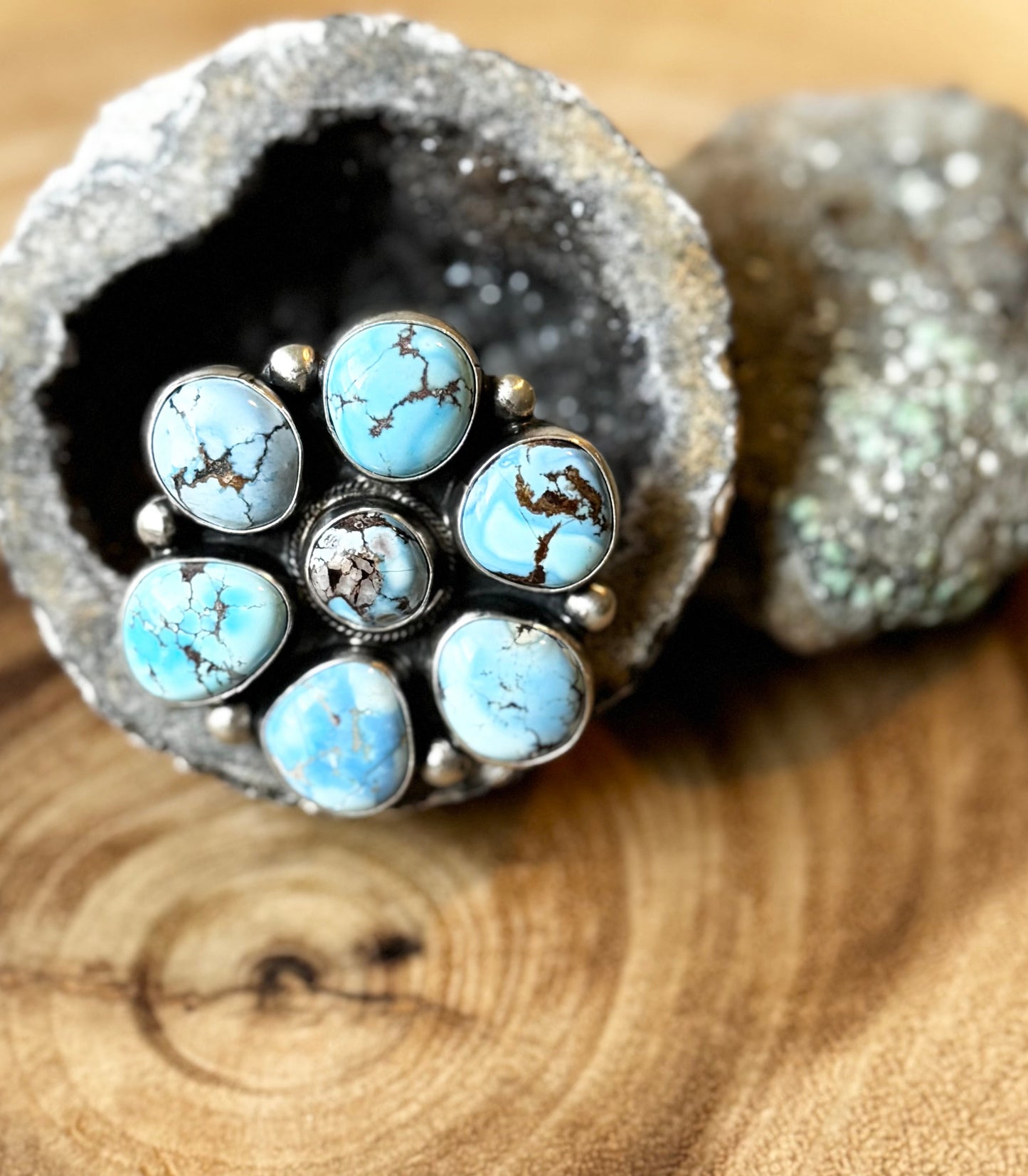 Cluster Ring - Golden Hills Turquoise - Sterling Silver  - Native Handmade - Bob Becenti (artist) - Size Adjustable