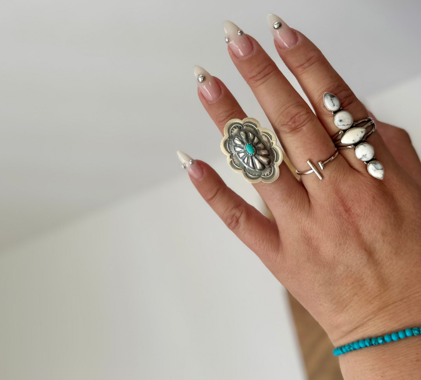 Concho Ring with Turquoise- Artist Ray B - Size Adj. - Native Handmade -Sterling Silver