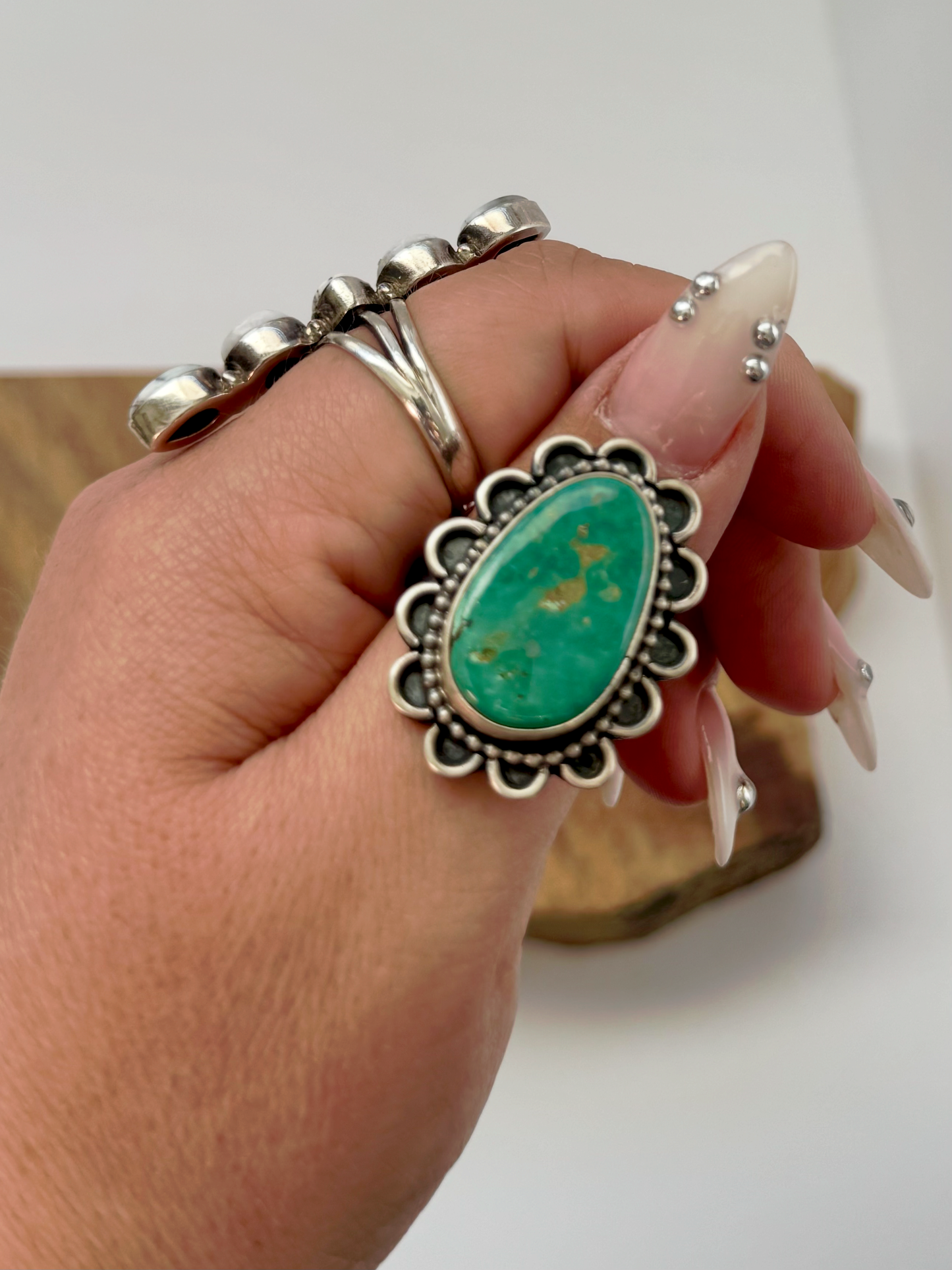 Oval Scalloped Royston Turquoise Ring - Sterling Silver - Native Handmade - Size Adjustable